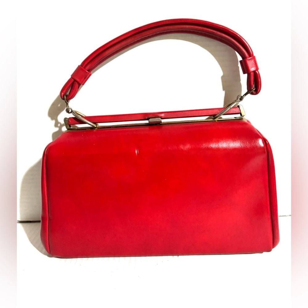 Vintage Red Structured Top- PVC leather Handle Satchel
